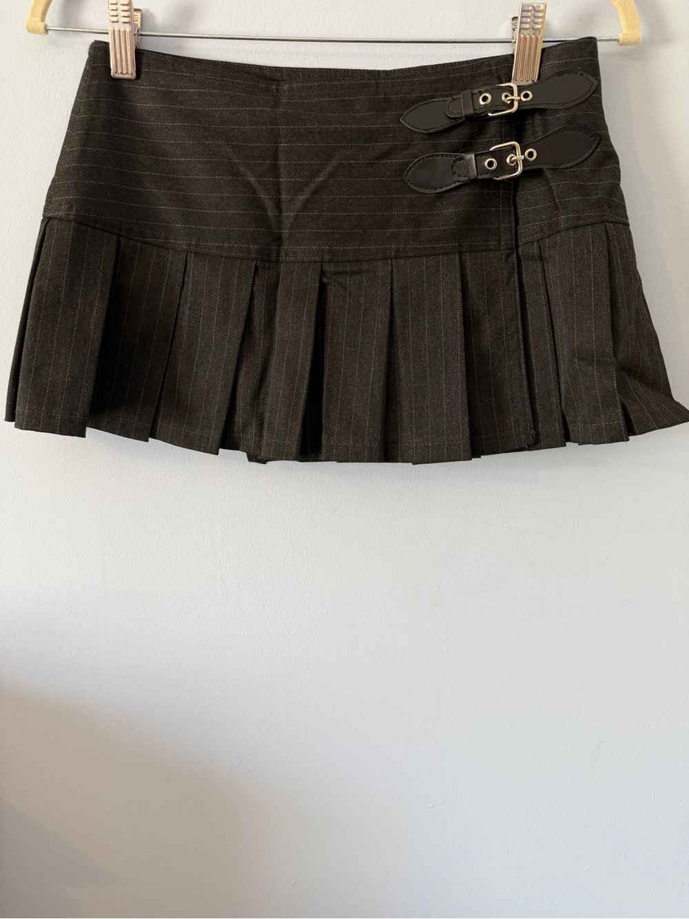 Forever 21 Charcoal Pinstripe Pleated Mini Skirt with Buckle Straps